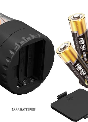 Rückseite des schwarzen batteriefachdeckels aus kunststoff mit drei aaa batterien für pretty love naomi vagina vibrator
