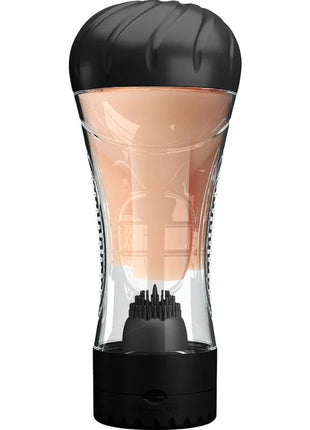 Pretty love naomi vagina vibrator aus schwarzem und transparentem silikon mit strukturierter schwarzer deckel und spitzenbasis