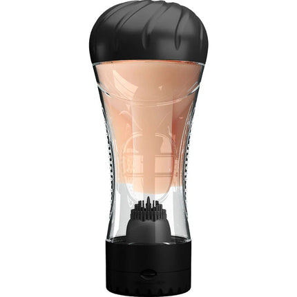 Pretty love naomi vagina vibrator aus schwarzem und transparentem silikon mit strukturierter schwarzer deckel und spitzenbasis