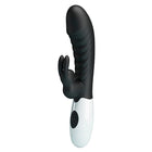 Schwarzer pretty love hasenvibrator aus silikon mit gebogenem kopf und texturierter oberfläche in schwarz weiß