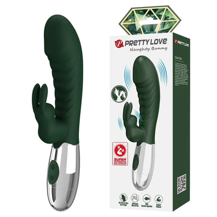 Darkgrüner silikon naughty bunny vibrator von pretty love mit silberner metallbasis und 30 funktionen usb-aufladbar