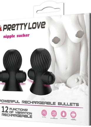 Schwarzer silikon nippelsauger mit geriffelter textur und abgerundeten enden verpackt in weißer pretty love box mit 12 vibrationsmodi