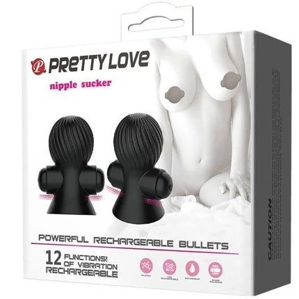 Schwarzer silikon nippelsauger mit geriffelter textur und abgerundeten enden verpackt in weißer pretty love box mit 12 vibrationsmodi