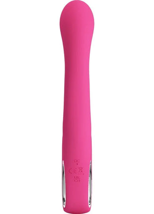 Ein schlanker, pinker silikonvibrator mit glattem, gebogenem design und metallischen silberakzenten von Pretty Love