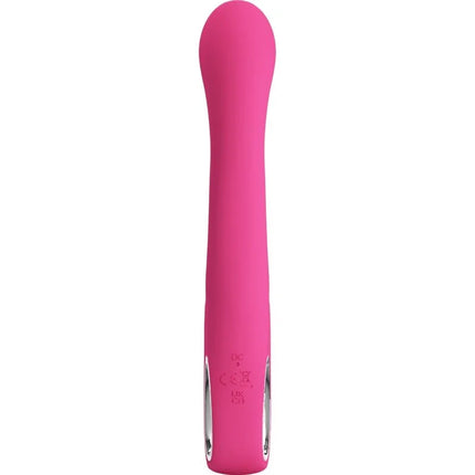 Ein schlanker, pinker silikonvibrator mit glattem, gebogenem design und metallischen silberakzenten von Pretty Love