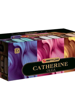 Farbenfrohe box mit catherine olga parfum mit lebendigem wirbelmuster in lila pink und gold im pretty love - olga pack