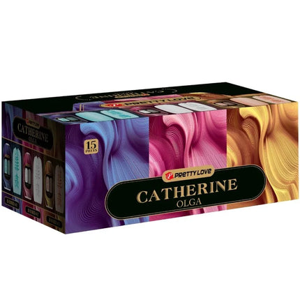 Farbenfrohe box mit catherine olga parfum mit lebendigem wirbelmuster in lila pink und gold im pretty love - olga pack
