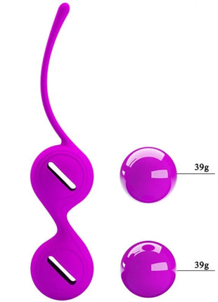 Vibrantes lila silikon vaginalgewicht set mit zwei kugelförmigen gewichten und gebogenem griff von pretty love
