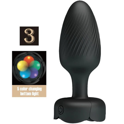Schwarzer silikon analplug von pretty love osborn mit geriffelter oberfläche und integriertem led-licht powerknopf