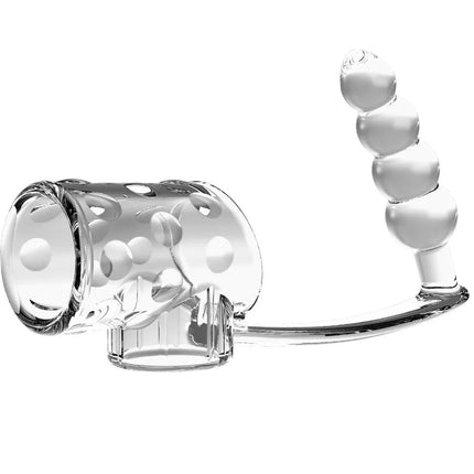 Transparente penishülle mit anal-plug aus klarglas mit zylindrischem körper und fünf kugeln am gebogenen stiel