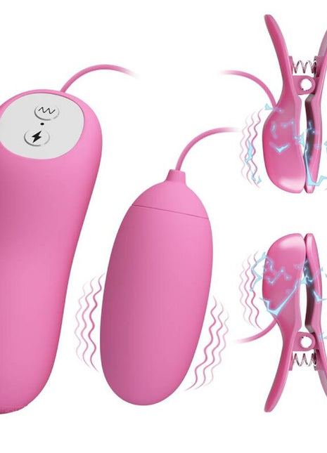 Rosa silikon vibrator mit fernbedienung und zwei clips im produkt pretty love pinzette mit vibration und rosa elektroschock