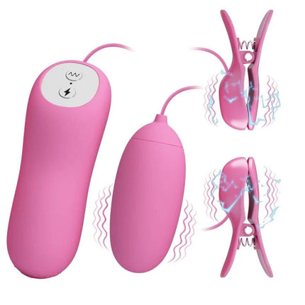 Rosa silikon vibrator mit fernbedienung und zwei clips im produkt pretty love pinzette mit vibration und rosa elektroschock