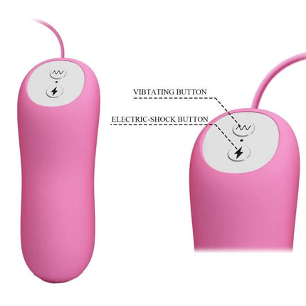 Pink silikon vibratoren mit zwei kontrollelementen auf weißem kreisförmigem bedienfeld von pretty love