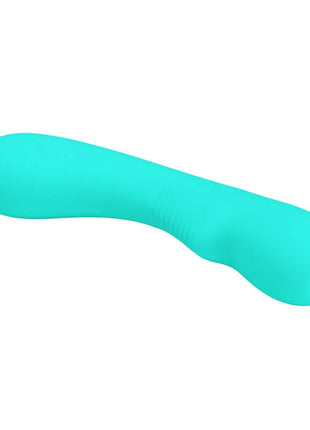 Ein eleganter, türkisfarbener silikon vibrator von pretty love mit glattem, gebogenem design und feinen texturierten ridges