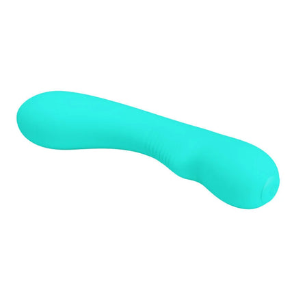 Ein eleganter, türkisfarbener silikon vibrator von pretty love mit glattem, gebogenem design und feinen texturierten ridges