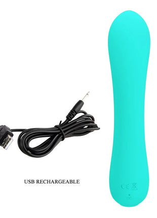 Ein schlanker türkisfarbener silikon vibrator mit ergonomischem design und usb-aufladekabel von pretty love prescott