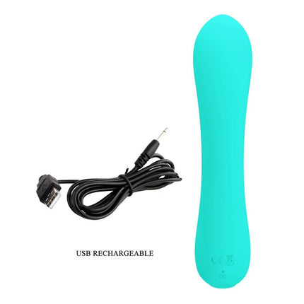 Ein schlanker türkisfarbener silikon vibrator mit ergonomischem design und usb-aufladekabel von pretty love prescott
