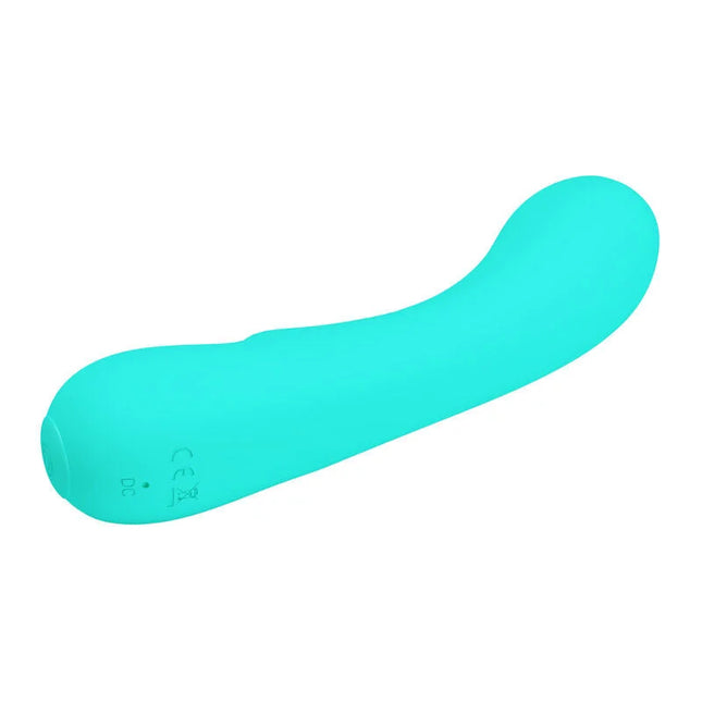 Ein eleganter türkiser silikonvibrator mit geschwungener form und dezenter markierung am grund von pretty love prescott
