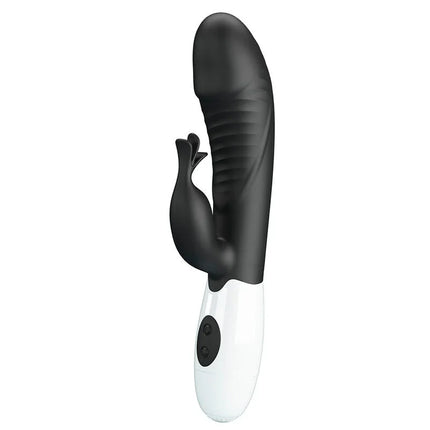 Schwarzer und weißer pretty love hasenvibrator aus silikon mit gebogenem kopf und strukturierter oberfläche