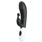 Schwarzer und weißer pretty love hasenvibrator aus silikon mit gebogenem kopf und strukturierter oberfläche