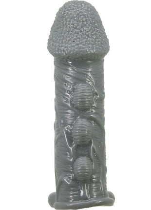 Grauer silikon dildo mit strukturierter, bauchiger spitze und drei erhabenen kugeln entlang des schafts von pretty love