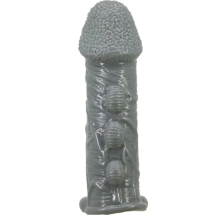 Grauer silikon dildo mit strukturierter, bauchiger spitze und drei erhabenen kugeln entlang des schafts von pretty love