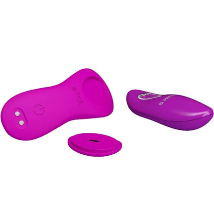 Vibrierender lila silikon-klitoris-stimulator romario mit rosa fernbedienung und basis von pretty love