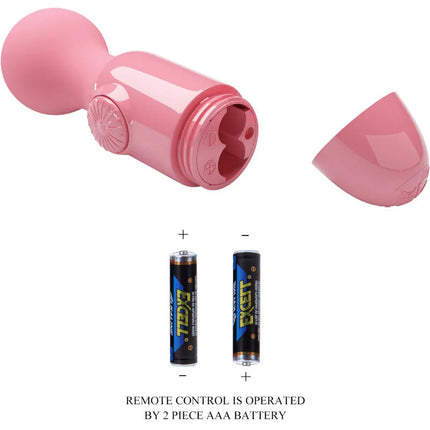 Rosa silikonvibrator mit gerundetem kopf und strukturiertem steuerwahlrad teilweise zerlegt neben passendem deckel von Pretty Love Rosa Mini-Persönlichermassager