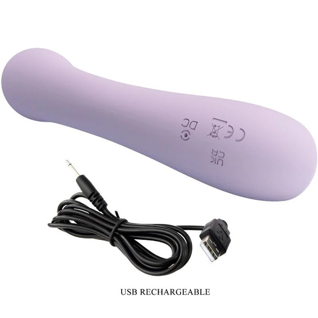 Lavendelfarbener silikonvibrator von Pretty Love Rosolyn mit 10 vibrierenden programmen und USB-ladekabel