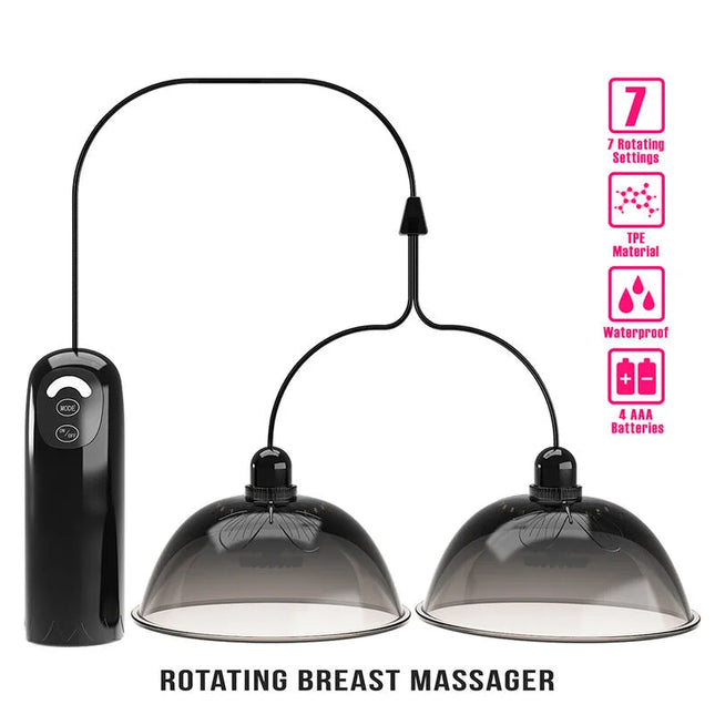 Schwarzer pretty love rotierender brustwarzen-saugstimulator aus hochwertigen tpr mit zwei kuppelköpfen und handgerät