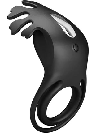 Schwarzer silikonring pretty love ruben vibratorring mit stylisiertem flügelmotiv und powerknopf an der seite