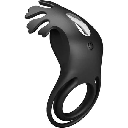 Schwarzer silikonring pretty love ruben vibratorring mit stylisiertem flügelmotiv und powerknopf an der seite