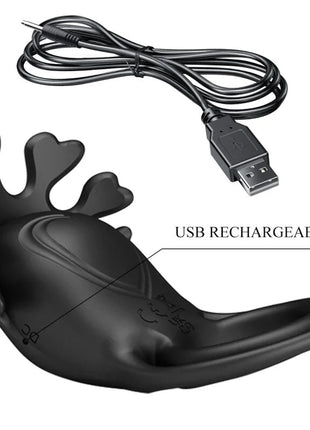 Schwarzer silikon vibratorring pretty love ruben mit herzförmigem blattdesign und usb-ladekabel