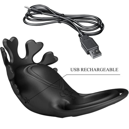 Schwarzer silikon vibratorring pretty love ruben mit herzförmigem blattdesign und usb-ladekabel