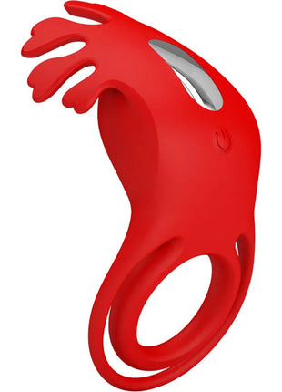 Roter silikonring mit flügelförmigem design und silberner akzent für den pretty love ruben vibratorring mit 7 vibrationen