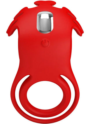Roter silikonvibrationsring pretty love ruben mit silbernem powerknopf und integriertem led-licht