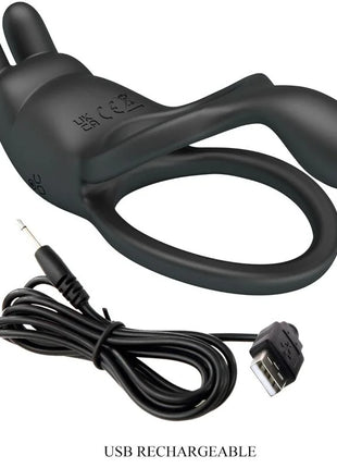 Schwarzer silikon vibrator von pretty love modell seth mit ring und zwei ohren mit sieben vibrationsmodi usb aufladbar