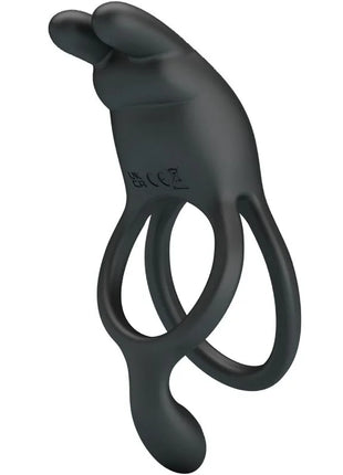 Schwarzer silikonring von pretty love in hasenform mit zwei ineinandergreifenden ringen und 7 vibrationseinstellungen