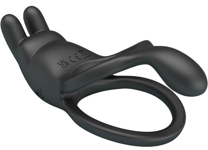 Schwarzer silikon-rabbit-vibrationsring von pretty love mit zwei aufrechten ohren und sieben vibrationsmodi
