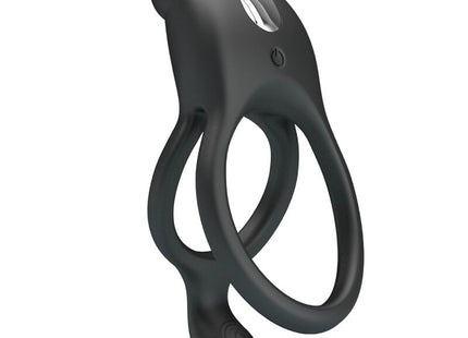 Schwarzer silikon-delfin-vibrator mit silbernem power-knopf und zwei ineinandergreifenden ringen von Pretty Love