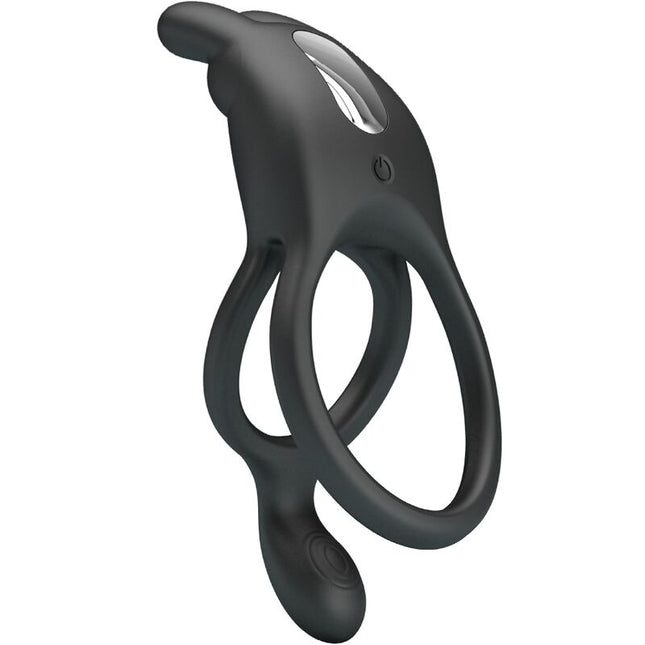 Schwarzer silikon-delfin-vibrator mit silbernem power-knopf und zwei ineinandergreifenden ringen von Pretty Love