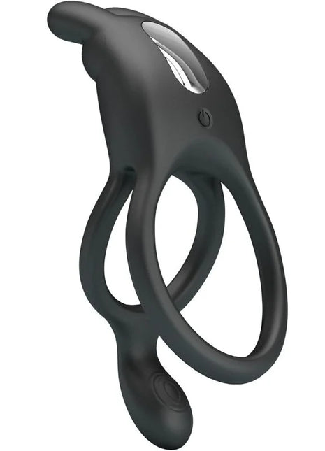 Schwarzer silikon-delfin-vibrator mit silbernem power-knopf und zwei ineinandergreifenden ringen von Pretty Love