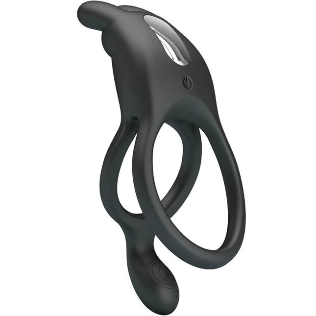 Schwarzer silikon-delfin-vibrator mit silbernem power-knopf und zwei ineinandergreifenden ringen von Pretty Love