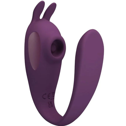 Lila silikon vibrator in form eines kaninchens mit abgerundeten ohren und glänzend glatter oberfläche von pretty love