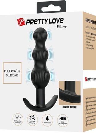 Schwarzer silikon vibrierender plug mit geriffelter struktur und gebogenem sockel von pretty love sidney analvibrator