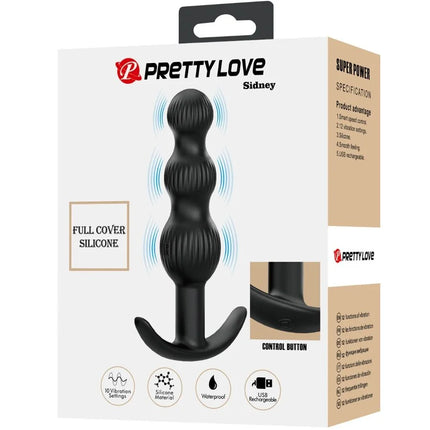 Schwarzer silikon vibrierender plug mit geriffelter struktur und gebogenem sockel von pretty love sidney analvibrator