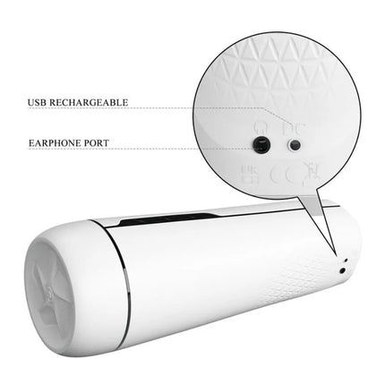 Weißer zylindrischer usb wiederaufladbarer männlicher masturbator mit vibrationsfunktion und texturierter oberfläche von pretty love