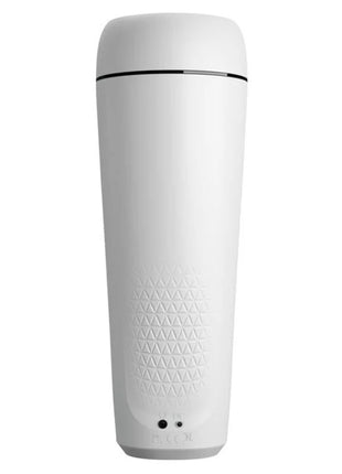 Weißer zylindrischer silikonmasturbator mit vibrierender stimme saugfunktion und schwarzem akzentband nahe dem deckel