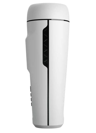 Weißer zylindrischer reisebecher mit schwarzem akzent und strukturierter griffzone für den männlichen vibrator pretty love sienna