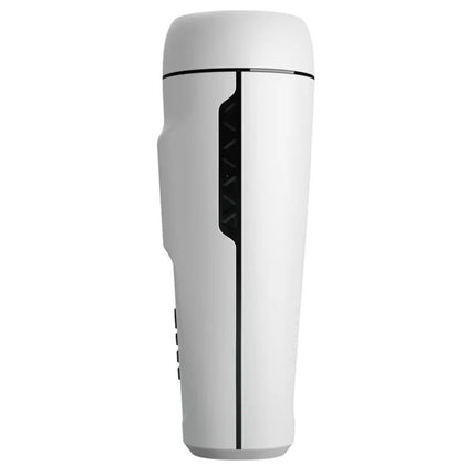 Weißer zylindrischer reisebecher mit schwarzem akzent und strukturierter griffzone für den männlichen vibrator pretty love sienna